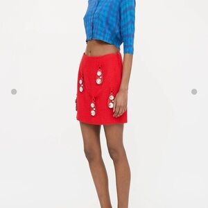 AREA size 2 Wool NWOT Red Embellished Mini Skirt with large crystal hooks